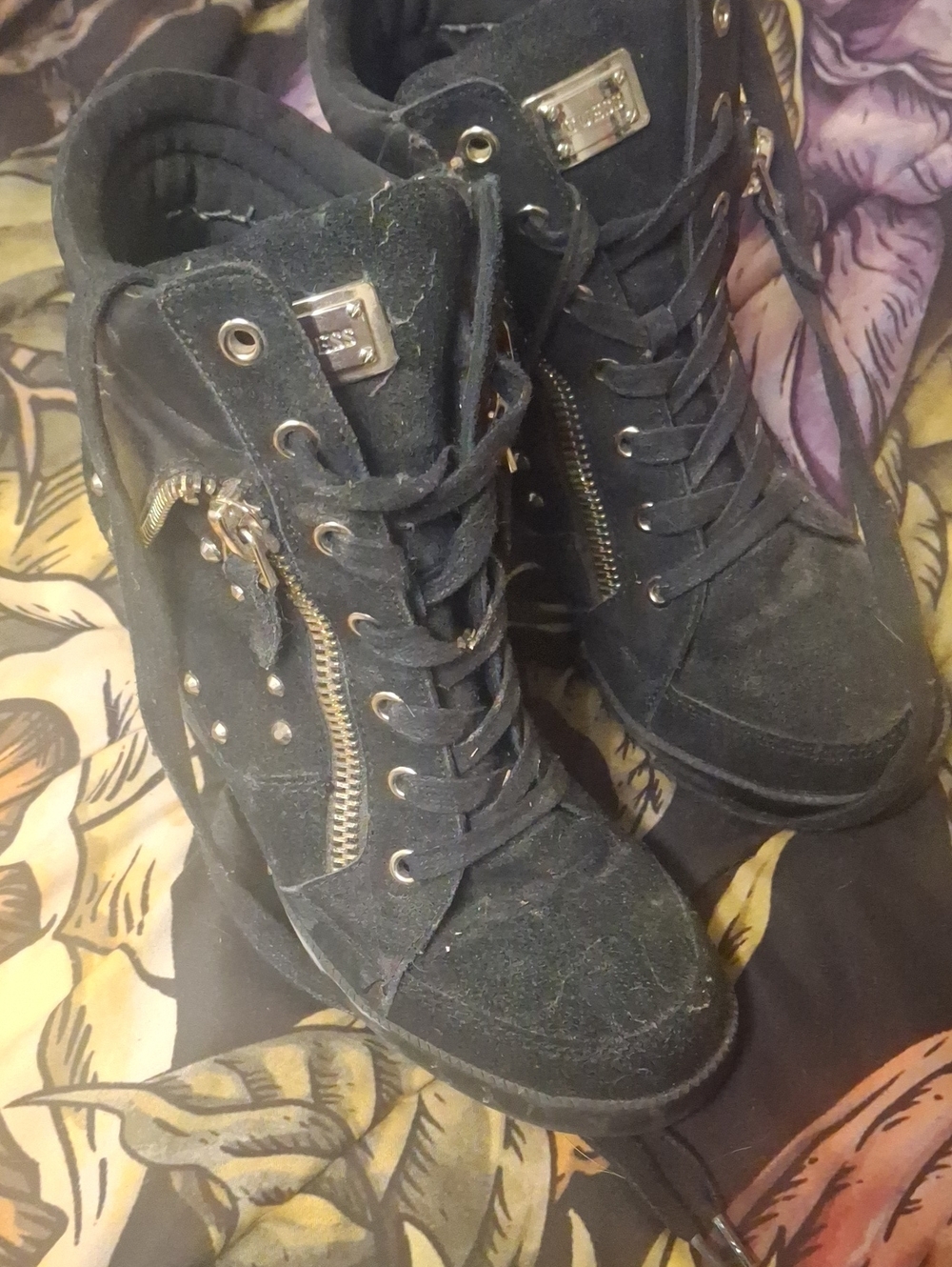 Guess Black Suede Lace-Up Wedge Boots with Gold Hardware